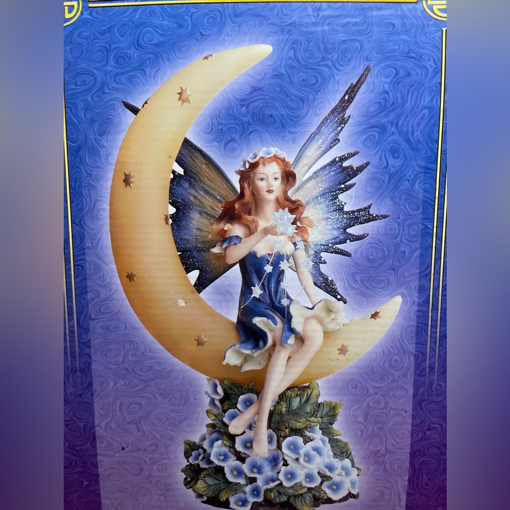 Mystical Creations “BLUE WINGED FAIRY on MOON”10" Factory Sealed 90’s Spencer’s.
